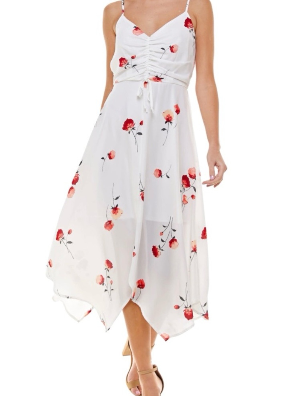 WHITE FLORAL print High-Low Spaghetti Strap dress